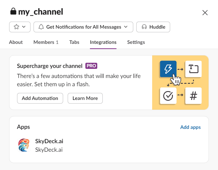 ajouter l'application skydeckai à un canal slack