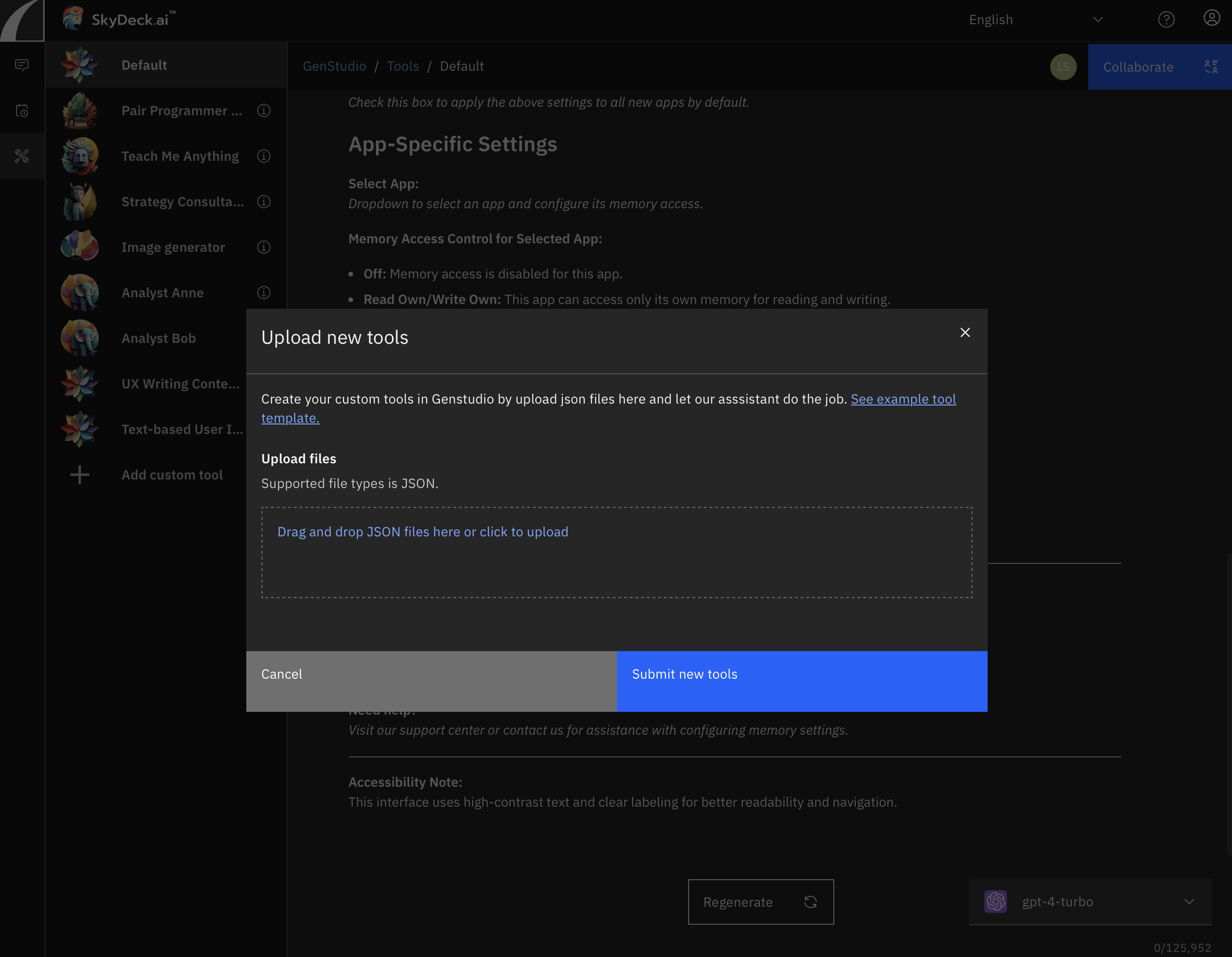 Écran de téléchargement des outils personnalisés - GenStudio