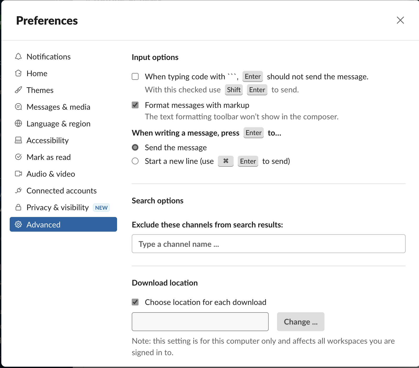 paramètres avancés de slack